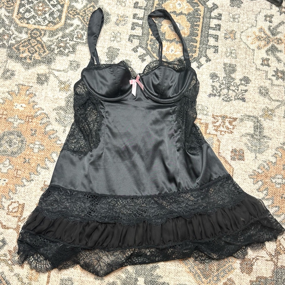 Victoria's Secret Black Satin and Lace Chemise Baby Doll 32B